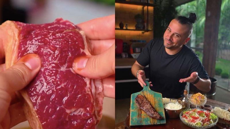 Imagem mostra frases do vídeo em que influenciador ensina truque caseiro para amaciar carne 