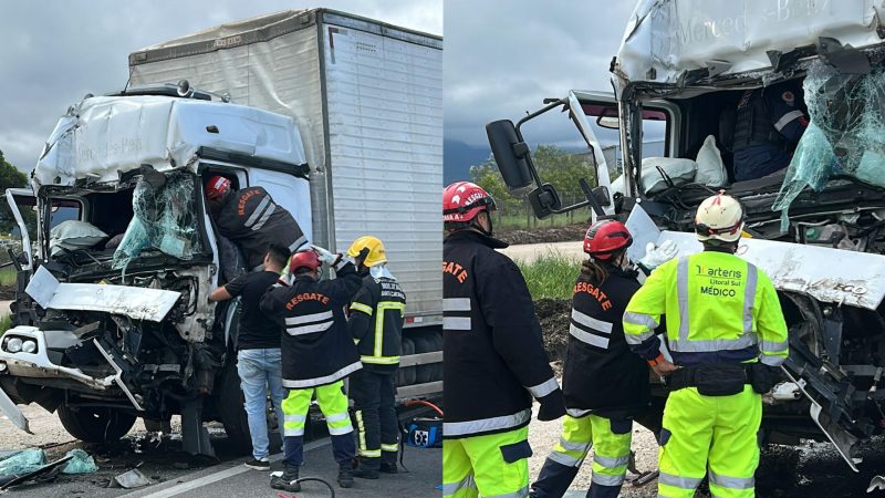 Imagem mostra caminhão que sofreu acidente na BR-101