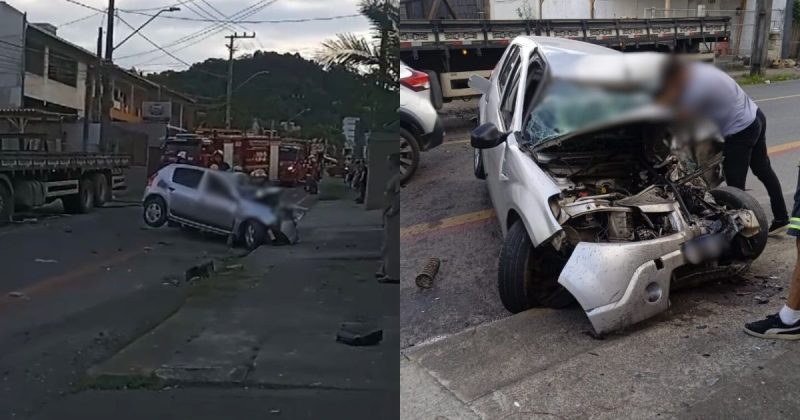 Acidente entre carro e caminhão em Joinville