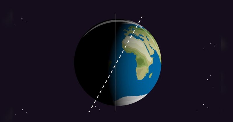 Imagem de planeta Terra cortado ao meio com outra linha por cima indicando a rotação em meio as estrelas