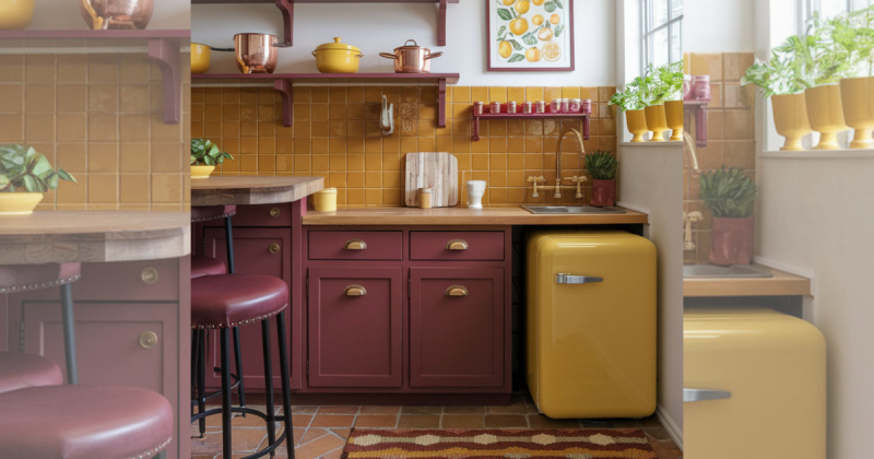 Armário de cozinha bordô, que está entre um das melhores cores de armário para cozinha. Foto exemplificativa de como ficaria essa cor na decoração