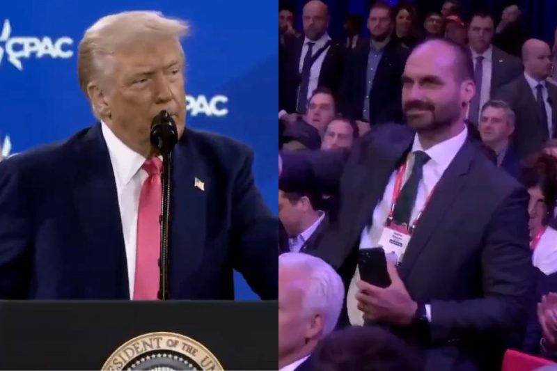 Trump cumprimentou Eduardo Bolsonaro durante um discurso 