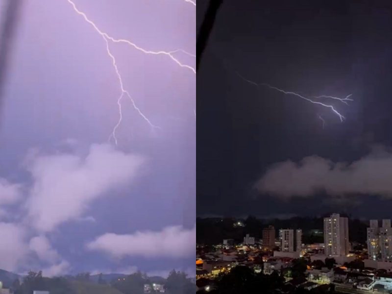 A imagem mostra relâmpagos em Brusque, no Vale do Itajaí 