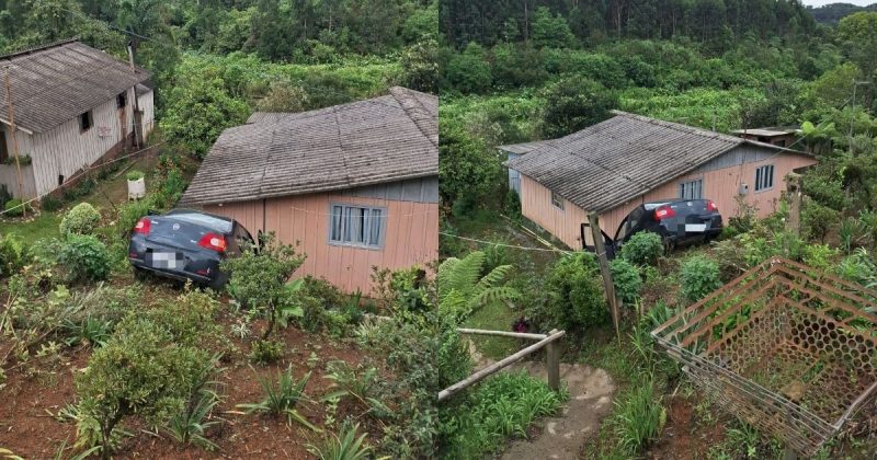 Carro pendurado em barranco em São Bento do Sul