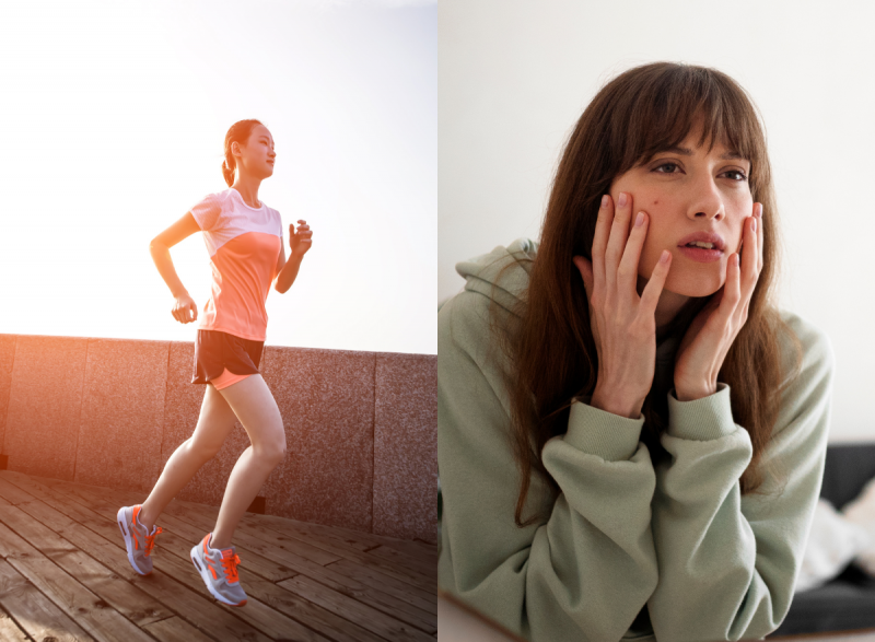 Correr faz o rosto cair? (mulher se olhando no espelho após correr)