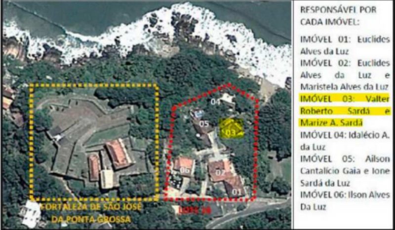 Imagem extraída de documento mostram localização da Fortaleza de São José da Ponta Grossa e das casas na praia do Forte