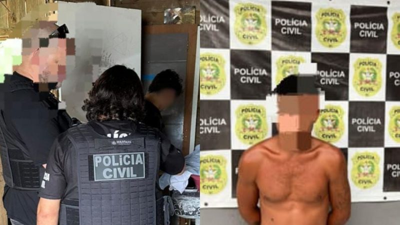 Foto dividida em duas partes mostra policiais prendendo suspeito pelo homicídio de vizinho morto a pauladas e homem preso na delegacia