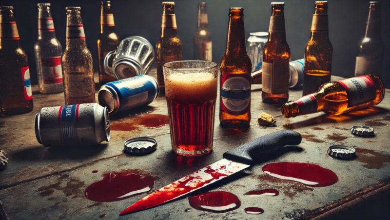 Bebedeira termina com homem morto a facadas em Urubici, a foto (gerada por IA) mostra cervejas caídas e uma faca ensanguentada sobre uma mesa 