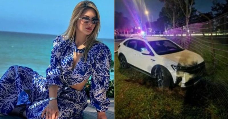 na foto aparece a influencer que bateu o carro e o carro amassado pela cerca 