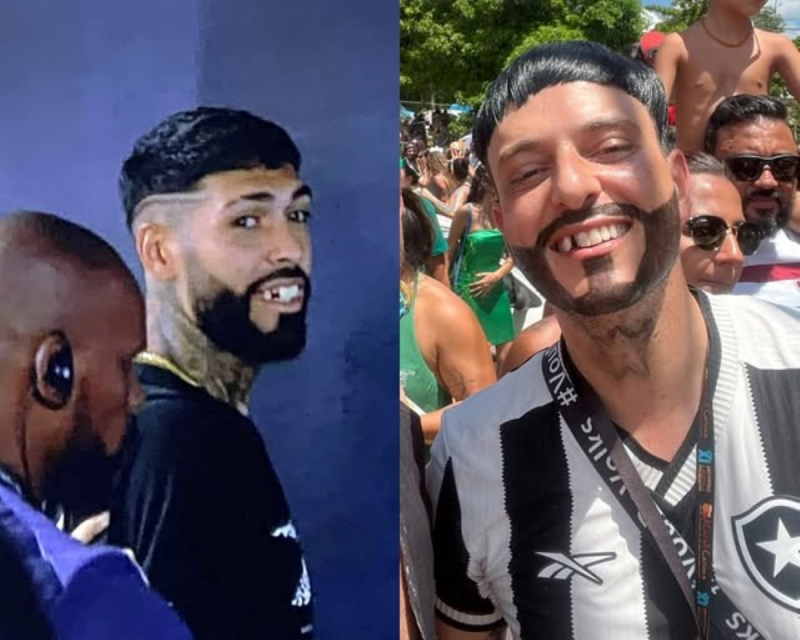 Na esquerda, Barboza na saída do jogo contra o Flamengo sem dente, enquanto na direita, um torcedor está fantasiado do jogador do Botafogo