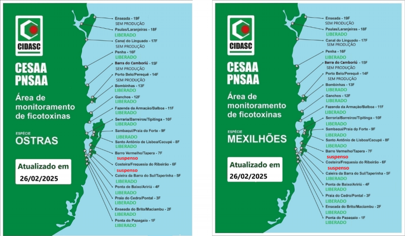 Mapa sobre proibição da retirada e comércio de moluscos