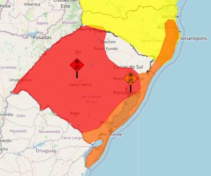 Grande parte do RS e regiões de SC estão sob alerta do Inmet - Foto: Inmet/Reprodução/ND
