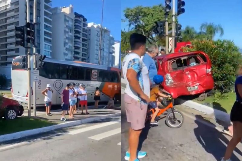 Traseira de carro destruída após colisão com ônibus de turismo