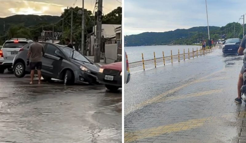 Rompimento de adutora alagou via, 'engoliu' carro e deixou trânsito lento na Lagoa da Conceição - Foto: GMF/Floripa Mil Grau/ND