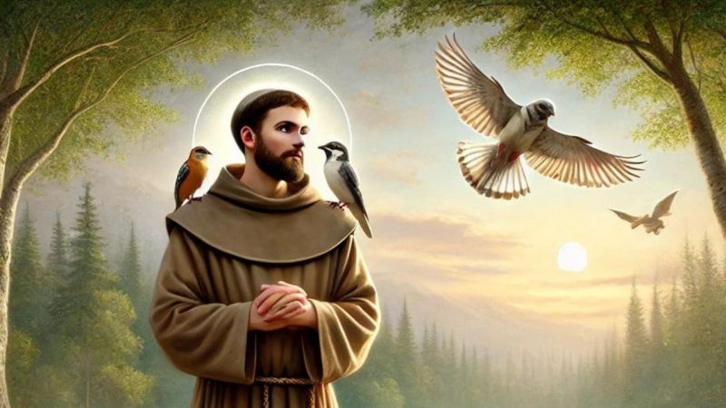 Ilustração de São Francisco de Assis, um homem jovem e branco, com as vestes religiosas em um cenário de natureza, com aves pousadas no seu ombro e voando ao seu redor