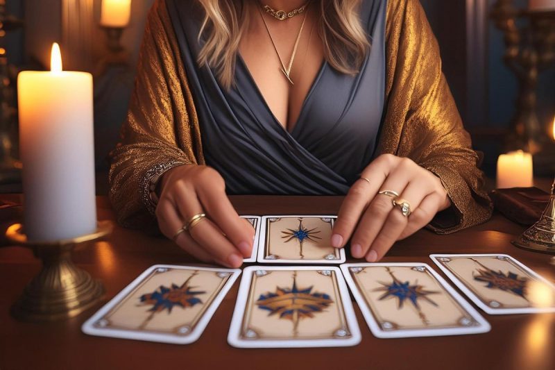 uma mulher com cartas de tarot na mesa