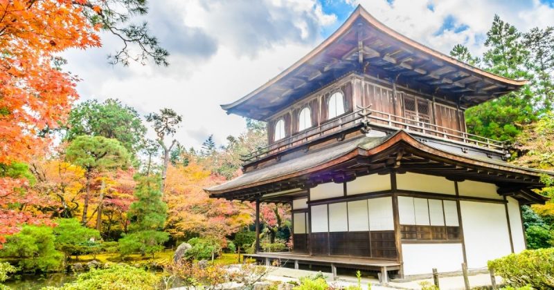 Parte externa de casa japonesa com quintal verde e algumas folhas alaranjadas