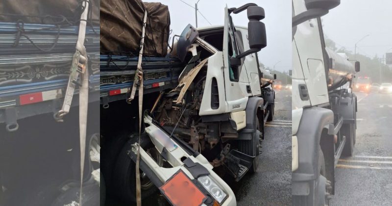 Colisão entre caminhões causa vazamento e bloqueia BR-376 para motoristas 