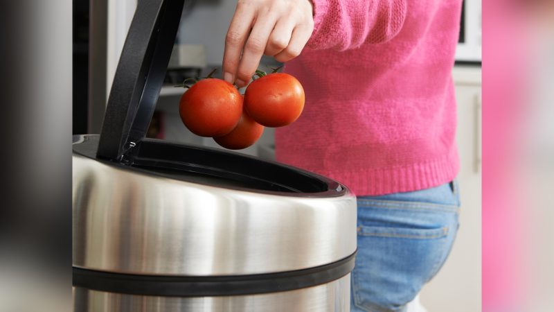 Tomate sendo jogado dentro de lixo