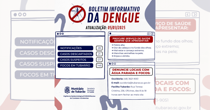 Boletim informativo sobre os focos da dengue em tubarão, disponibilizado pela prefeitura 