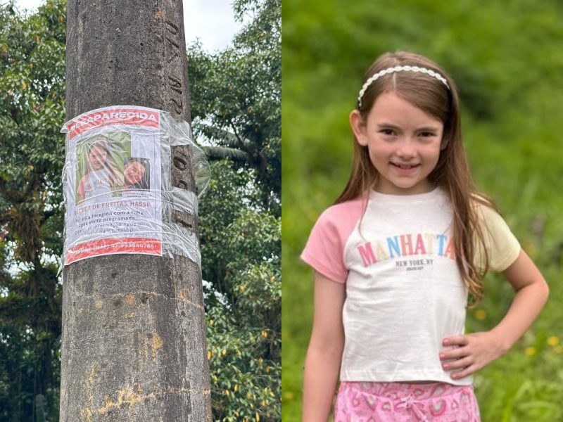 Menina desaparecida em Blumenau em montagem com cartaz do desaparecimento 