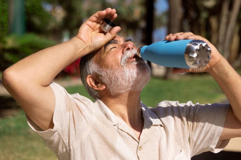 homem tomando água no calor intenso