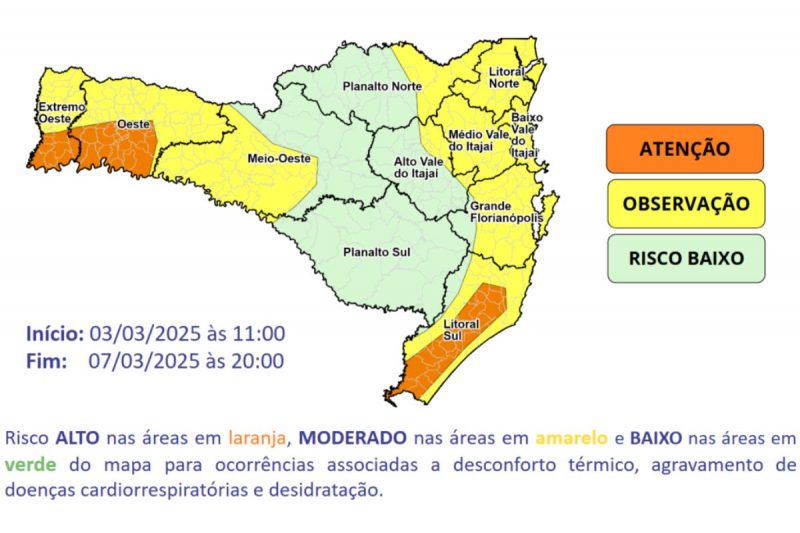 mapa da Defesa Civil sobre alerta de calor intenso