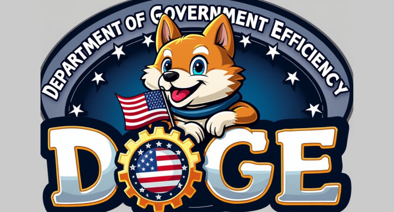 Imagem do logo do DOGE, Departamento de Eficiência Governamental dos Estados Unidos. A ilustração possui a sigla, o nome do órgão e um cachorro sorridente segurando a bandeira do país