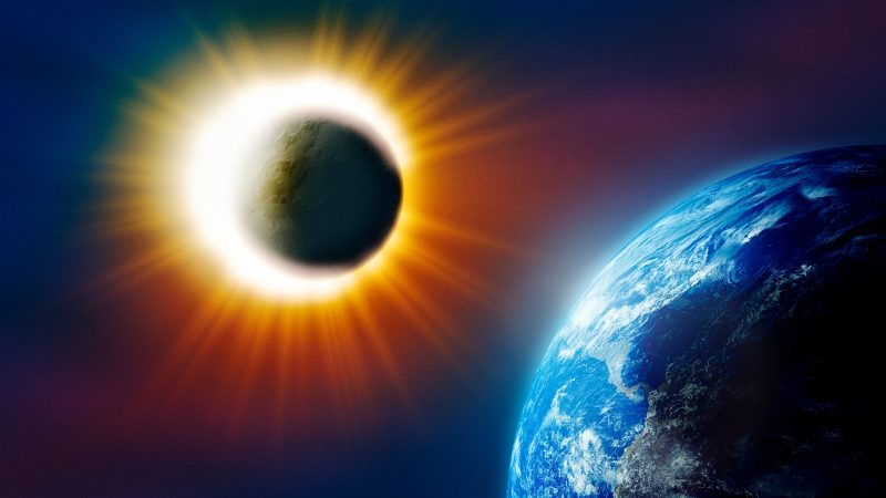 Terra perto de sol e lua em eclipse solar