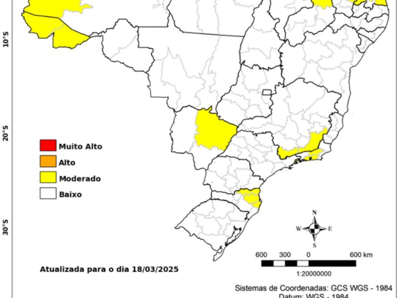 A imagem mostra o alerta na região Sul do Brasil