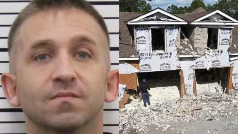 Homem explode casa e solta píton Imagem de homem e casa explodida