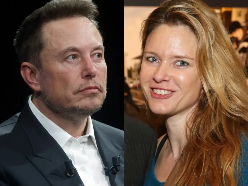 Montagem com fotos de Elon Musk e Justine Wilson, ambos brancos, ele com cabelo castanho escuro e curto, ela com cabelos loiros longos