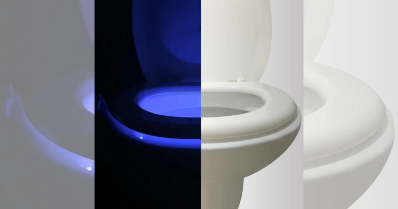 Uma imagem ilustrativa dividida ao meio, mostrando um vaso sanitário inteligente na esquerda, e um convencional a direita. O inteligente possui uma luz UV, para mostrar sua tecnologia 