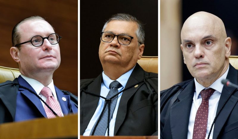 Ministros do STF, Cristiano Zanin, Flávio Dino e Alexandre de Moraes, que podem ser afastados do julgamento de Bolsonaro