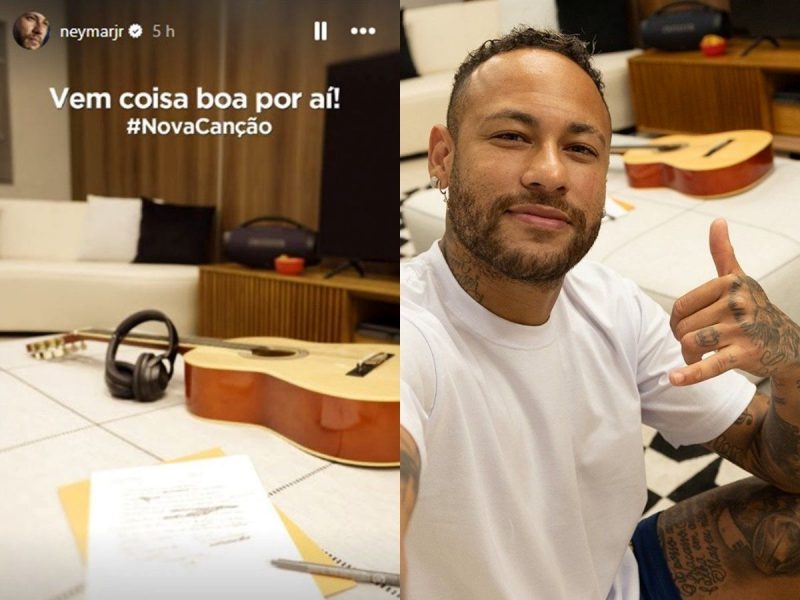 Na imagem, um violão, headphones, caneta e papel e Neymar 