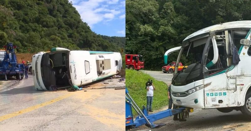 Ônibus que tombou na Serra Dona Francisca em Joinville (SC)