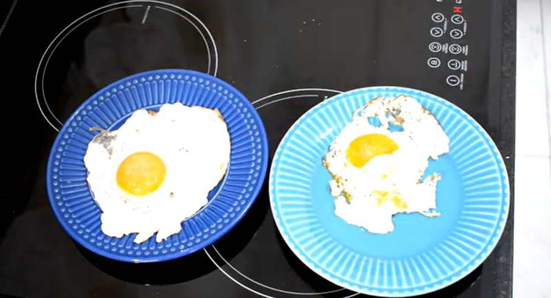 Dois pratos de ovo frito, um que grudou e outro que não grudou 