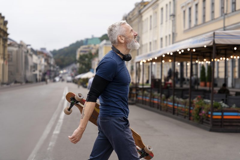 Idoso andando com seu skate 