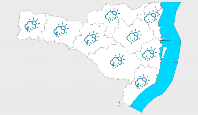 mapa de Santa Catarina com infográfico de previsão do tempo de segunda-feira