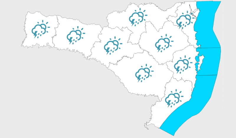 mapa de Santa Catarina com infográfico de previsão do tempo de terça-feira