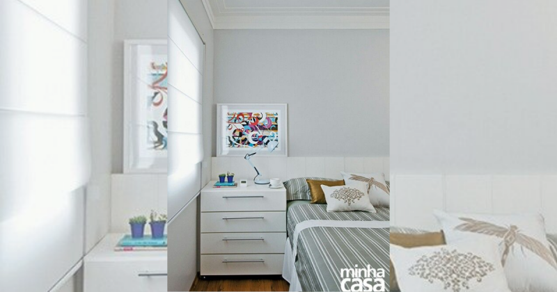 Imagem do Pinterest, de um quarto com a parede branco gelo, para os leitores visualizarem a impessoalidade da tonalidade do quarto 