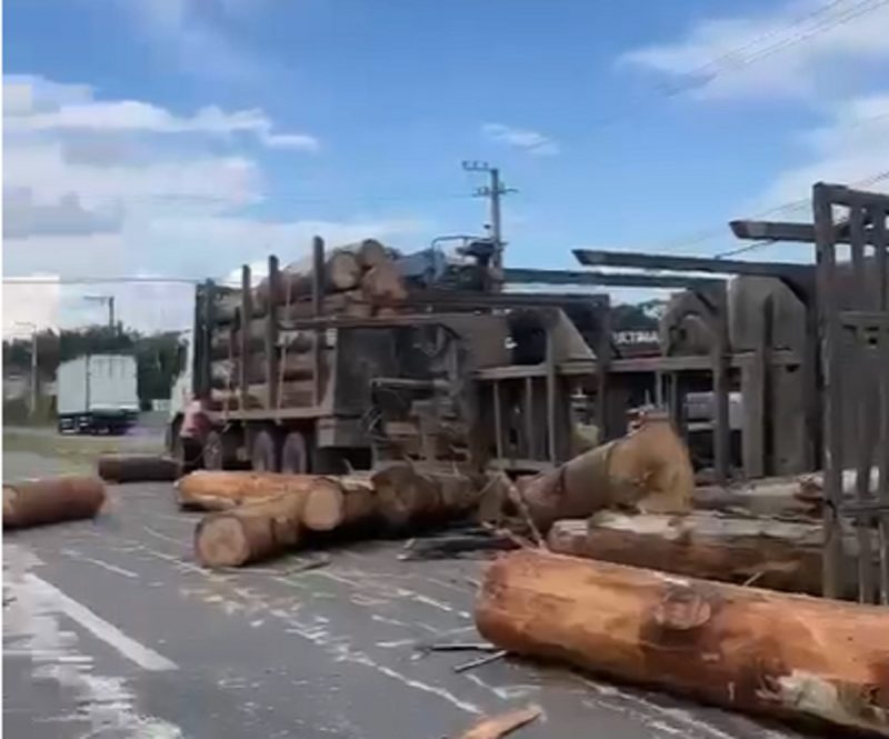 Carga de toras tombada na BR-470 em Indaial 