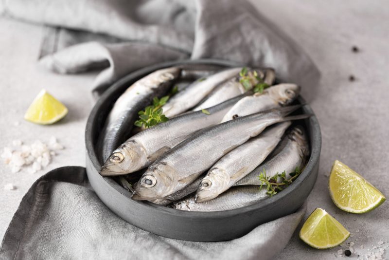 Sardinhas frescas em uma bandeja, com limão e sal