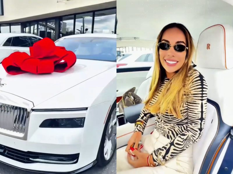 A montagem mostra Tati Barbieri dentro do Rolls-Royce que ganhou do marido 