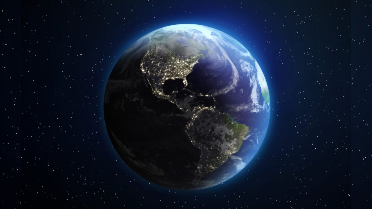 Planeta Terra brilhando em espaço por trás de estrelas Dia da Sobrecarga