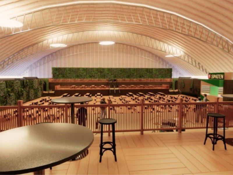 Ginásio Galegão Imagem mostra projeto com deck, cadeiras e mezaninos que devem ser colocados no Ginásio Galegão para a 40ª Oktoberfest Blumenau