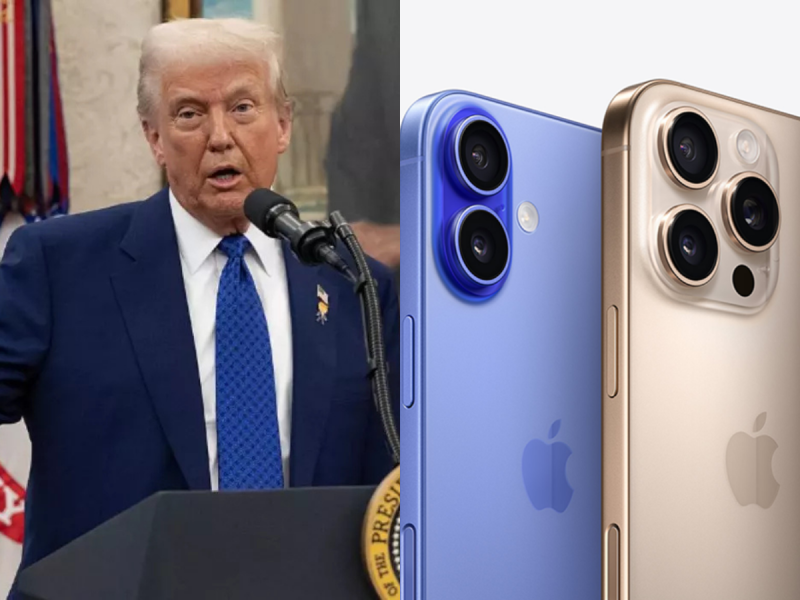 Imagem com Donald Trump em tela dividida com uma imagem de vários celulares da marca Iphone; A imagem é utilizada após Donald Trump isentar tarifas no setor de tecnologia. 