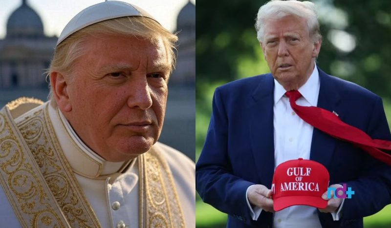 Montagem de Trump vestido de papa e foto de Trump segurando um boné vermelho escrito 'Golfo da América' Donald Trump brincou a jornalistas afirmando que gostaria de ser papa