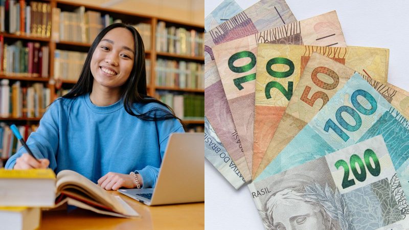 Imagem de uma estudante sorrindo numa biblioteca, ao lado de uma imagem de várias cédulas de reais para simbolizar o calendário de pagamentos do programa Pé-de-Meia 2025. 