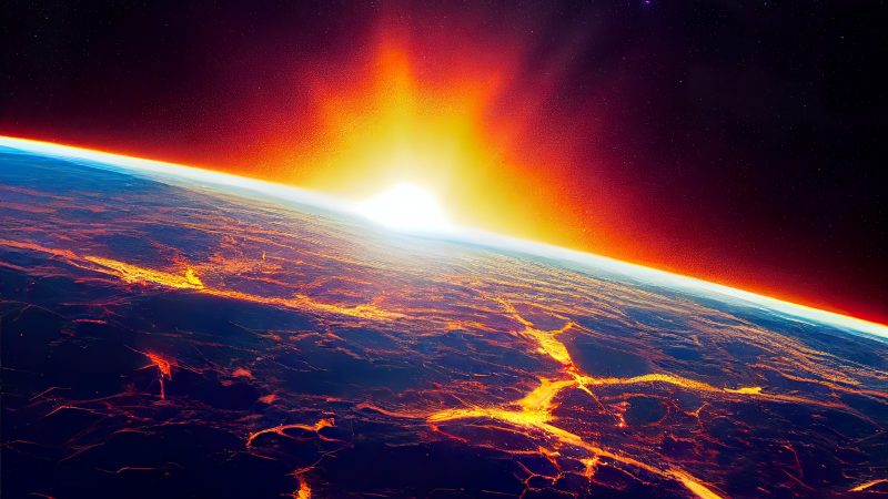 Imagem da Terra com fogos; extinção em massa